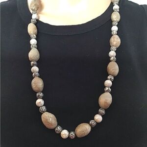 Women’s Long Necklace Tan Beige Silver